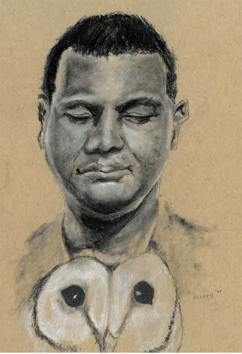 drawing of man's face and owl
